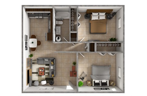 a 3d drawing of the 1 bedroom floor plan of a modern apartment